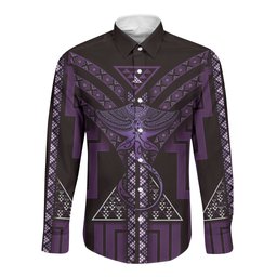New Zealand Manta Ray Long Sleeve Button Shirt Maori Tukutuku Taniko Motifs Purple
