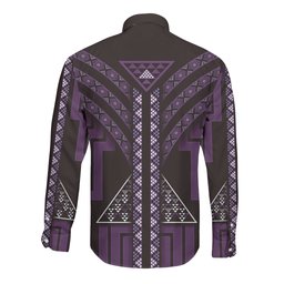 New Zealand Manta Ray Long Sleeve Button Shirt Maori Tukutuku Taniko Motifs Purple