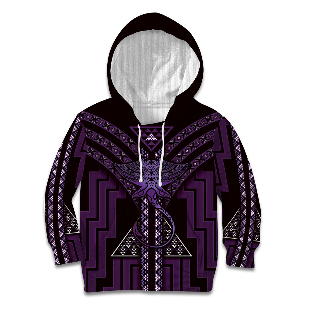 New Zealand Manta Ray Kid Hoodie Maori Tukutuku Taniko Motifs Purple