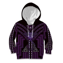 New Zealand Manta Ray Kid Hoodie Maori Tukutuku Taniko Motifs Purple