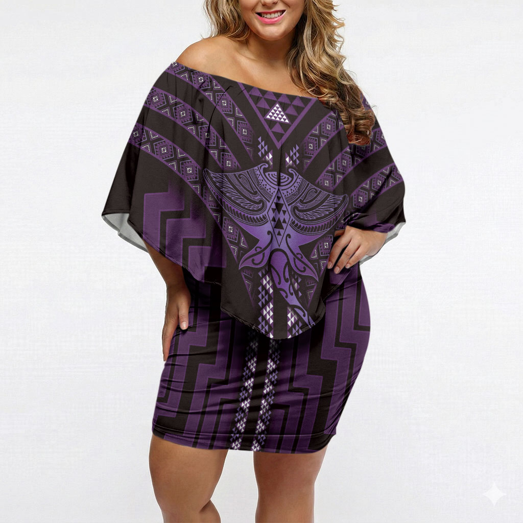 New Zealand Manta Ray Off Shoulder Short Dress Maori Tukutuku Taniko Motifs Purple