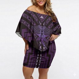 New Zealand Manta Ray Off Shoulder Short Dress Maori Tukutuku Taniko Motifs Purple