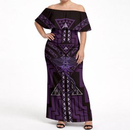 New Zealand Manta Ray Off Shoulder Maxi Dress Maori Tukutuku Taniko Motifs Purple