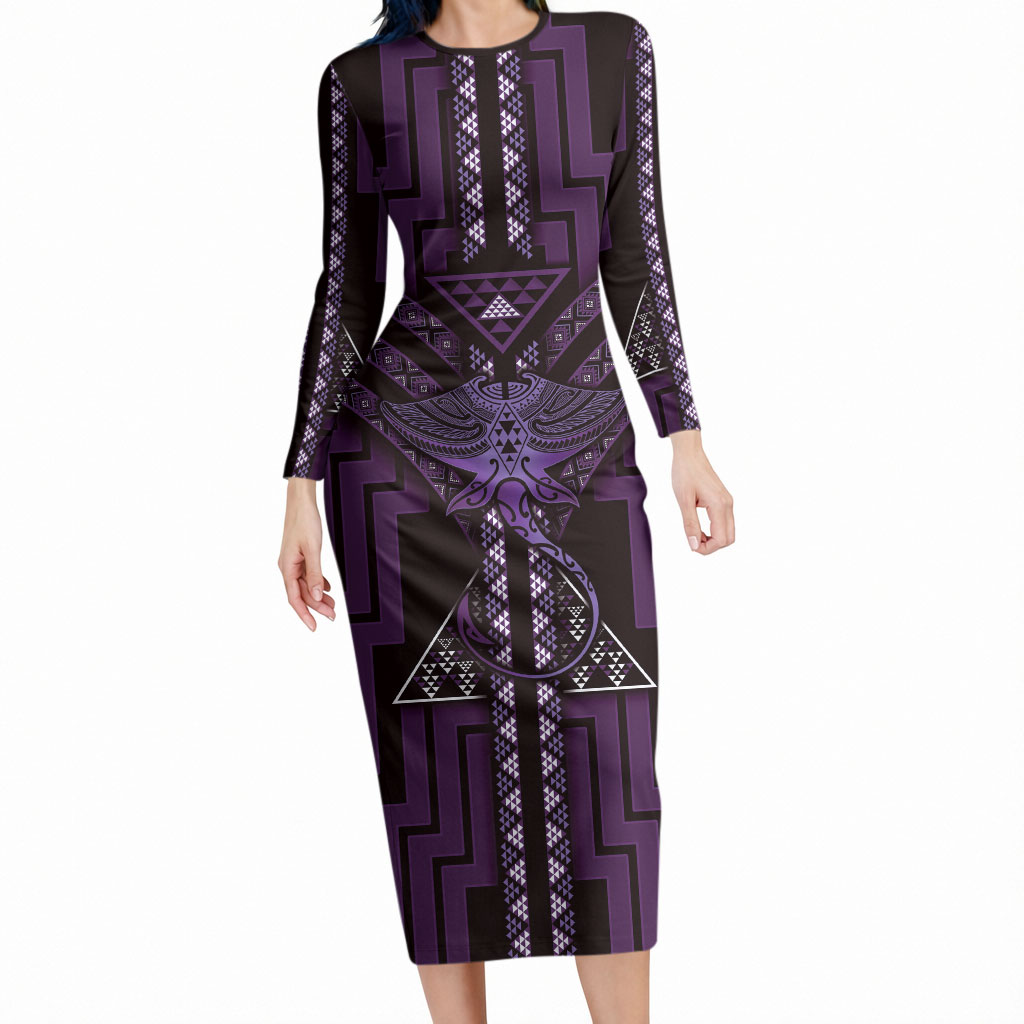 New Zealand Manta Ray Long Sleeve Bodycon Dress Maori Tukutuku Taniko Motifs Purple