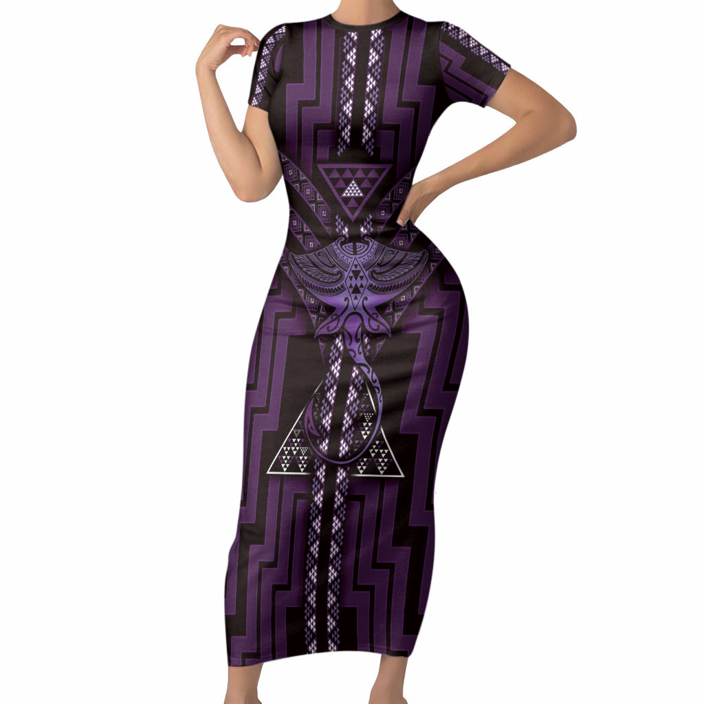 New Zealand Manta Ray Short Sleeve Bodycon Dress Maori Tukutuku Taniko Motifs Purple