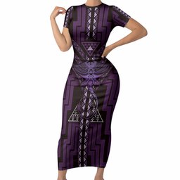 New Zealand Manta Ray Short Sleeve Bodycon Dress Maori Tukutuku Taniko Motifs Purple