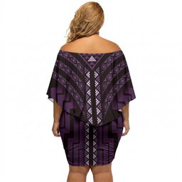 New Zealand Manta Ray Off Shoulder Short Dress Maori Tukutuku Taniko Motifs Purple