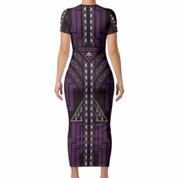 New Zealand Manta Ray Short Sleeve Bodycon Dress Maori Tukutuku Taniko Motifs Purple