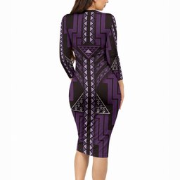 New Zealand Manta Ray Long Sleeve Bodycon Dress Maori Tukutuku Taniko Motifs Purple