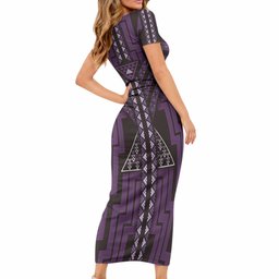 New Zealand Manta Ray Short Sleeve Bodycon Dress Maori Tukutuku Taniko Motifs Purple