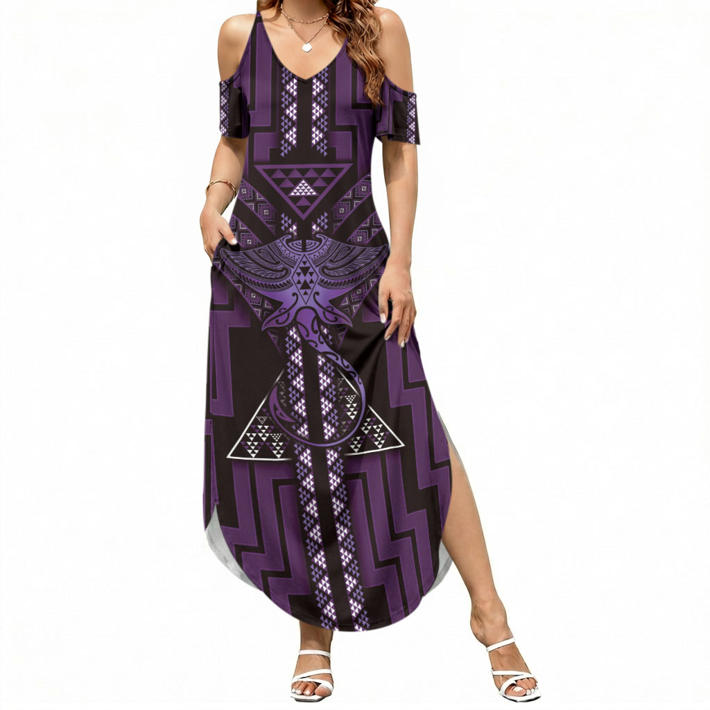 New Zealand Manta Ray Summer Maxi Dress Maori Tukutuku Taniko Motifs Purple