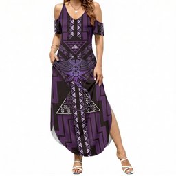 New Zealand Manta Ray Summer Maxi Dress Maori Tukutuku Taniko Motifs Purple