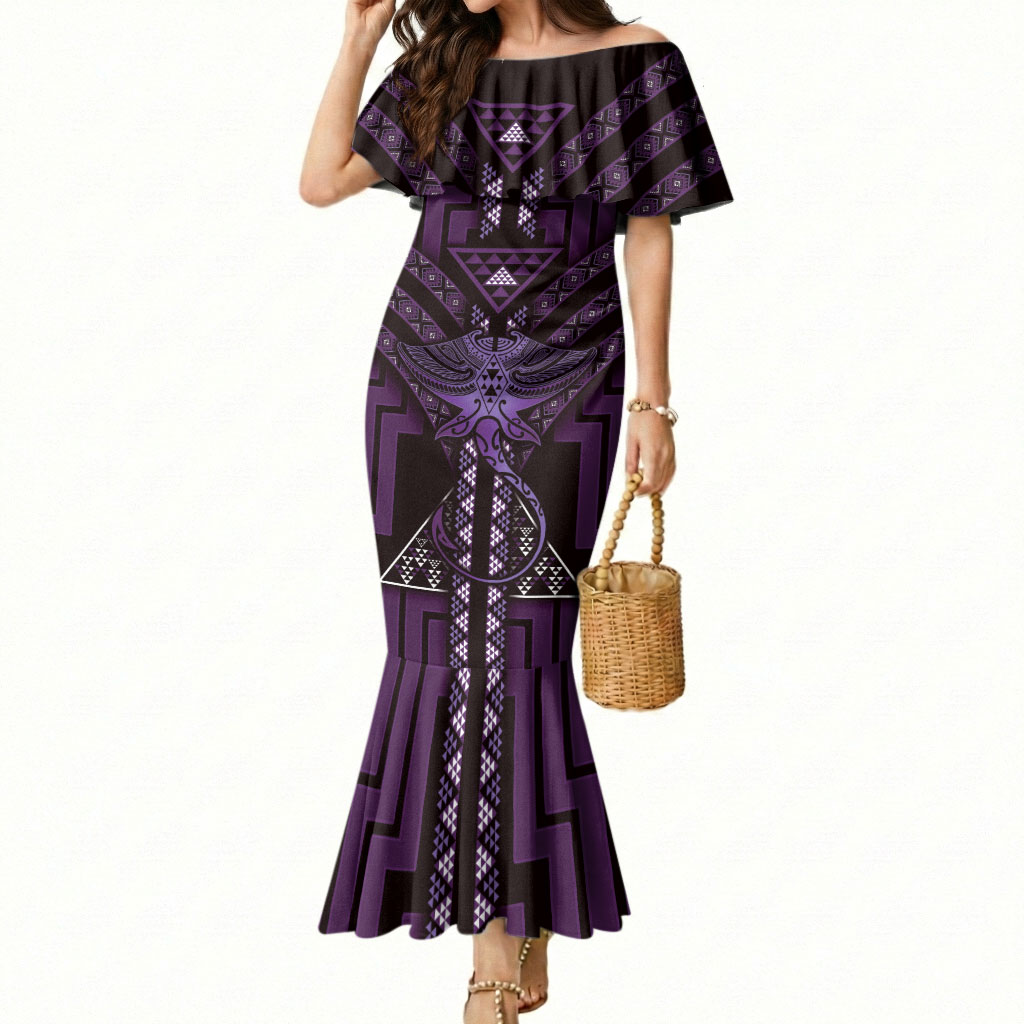 New Zealand Manta Ray Mermaid Dress Maori Tukutuku Taniko Motifs Purple