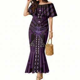 New Zealand Manta Ray Mermaid Dress Maori Tukutuku Taniko Motifs Purple
