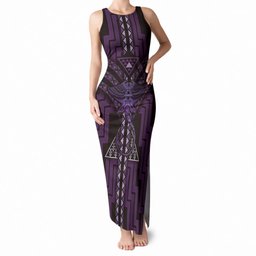 New Zealand Manta Ray Tank Maxi Dress Maori Tukutuku Taniko Motifs Purple