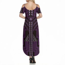 New Zealand Manta Ray Summer Maxi Dress Maori Tukutuku Taniko Motifs Purple