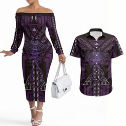 New Zealand Manta Ray Couples Matching Off The Shoulder Long Sleeve Dress and Hawaiian Shirt Maori Tukutuku Taniko Motifs Purple