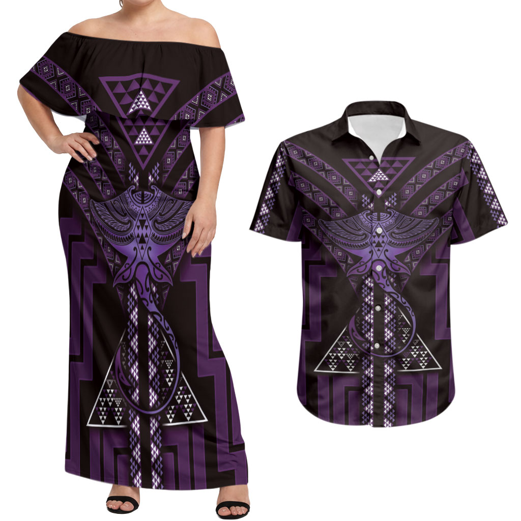 New Zealand Manta Ray Couples Matching Off Shoulder Maxi Dress and Hawaiian Shirt Maori Tukutuku Taniko Motifs Purple
