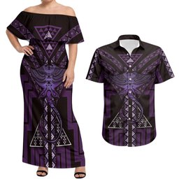 New Zealand Manta Ray Couples Matching Off Shoulder Maxi Dress and Hawaiian Shirt Maori Tukutuku Taniko Motifs Purple
