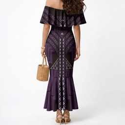 New Zealand Manta Ray Mermaid Dress Maori Tukutuku Taniko Motifs Purple