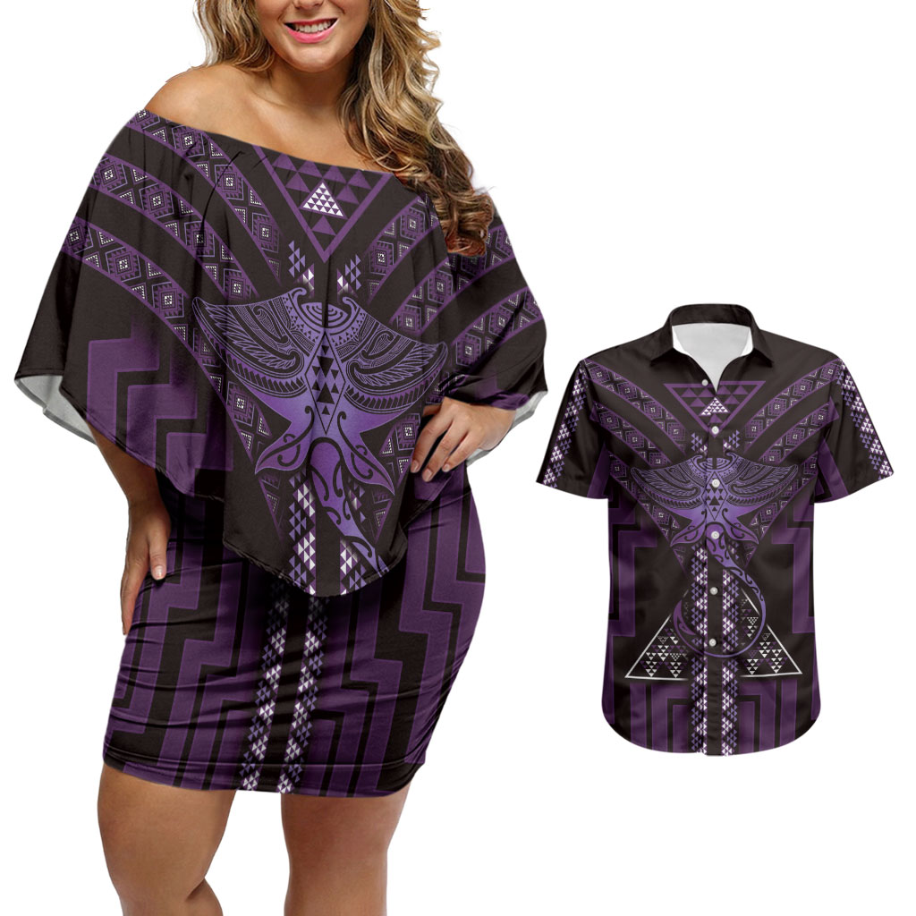 New Zealand Manta Ray Couples Matching Off Shoulder Short Dress and Hawaiian Shirt Maori Tukutuku Taniko Motifs Purple