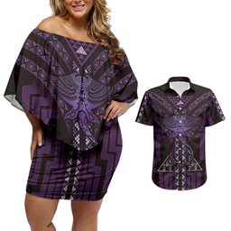 New Zealand Manta Ray Couples Matching Off Shoulder Short Dress and Hawaiian Shirt Maori Tukutuku Taniko Motifs Purple
