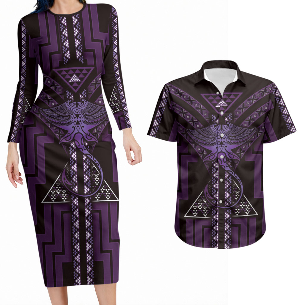 New Zealand Manta Ray Couples Matching Long Sleeve Bodycon Dress and Hawaiian Shirt Maori Tukutuku Taniko Motifs Purple