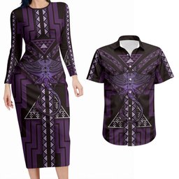 New Zealand Manta Ray Couples Matching Long Sleeve Bodycon Dress and Hawaiian Shirt Maori Tukutuku Taniko Motifs Purple