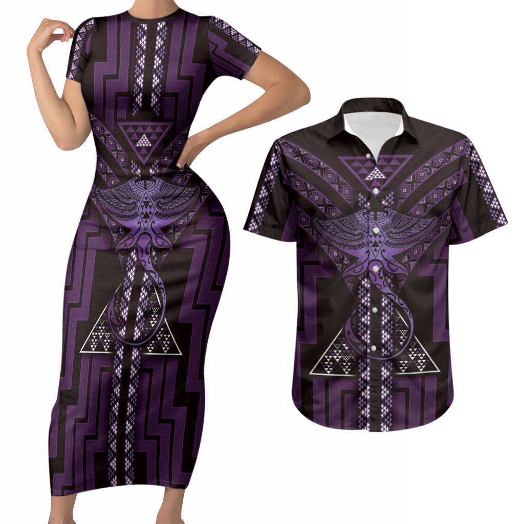 New Zealand Manta Ray Couples Matching Short Sleeve Bodycon Dress and Hawaiian Shirt Maori Tukutuku Taniko Motifs Purple