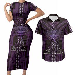 New Zealand Manta Ray Couples Matching Short Sleeve Bodycon Dress and Hawaiian Shirt Maori Tukutuku Taniko Motifs Purple