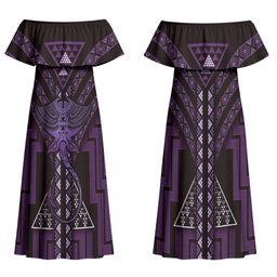 New Zealand Manta Ray Couples Matching Off Shoulder Maxi Dress and Hawaiian Shirt Maori Tukutuku Taniko Motifs Purple