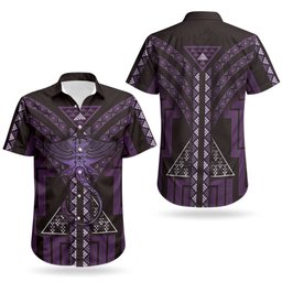New Zealand Manta Ray Couples Matching Off Shoulder Short Dress and Hawaiian Shirt Maori Tukutuku Taniko Motifs Purple
