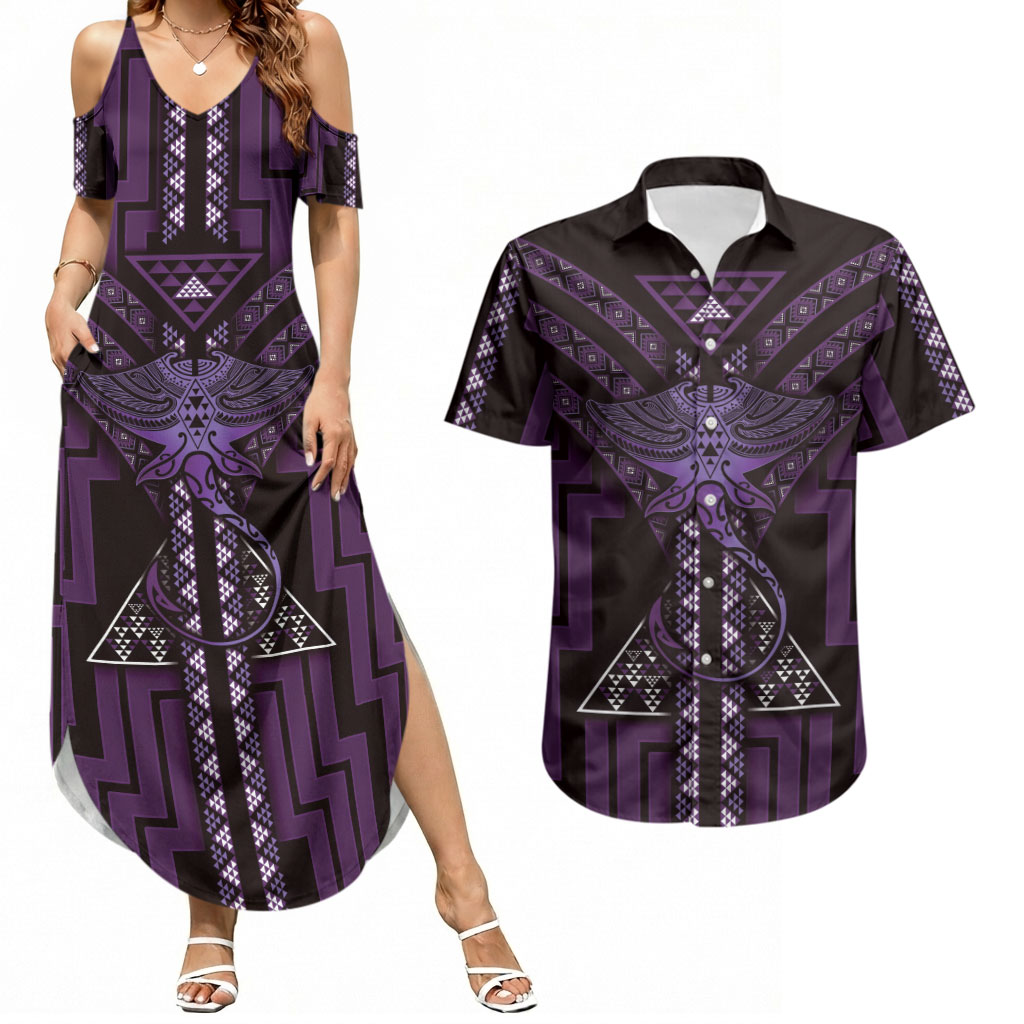 New Zealand Manta Ray Couples Matching Summer Maxi Dress and Hawaiian Shirt Maori Tukutuku Taniko Motifs Purple