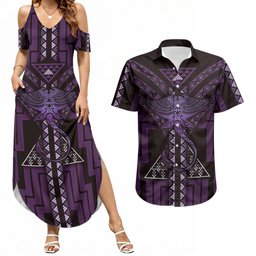 New Zealand Manta Ray Couples Matching Summer Maxi Dress and Hawaiian Shirt Maori Tukutuku Taniko Motifs Purple