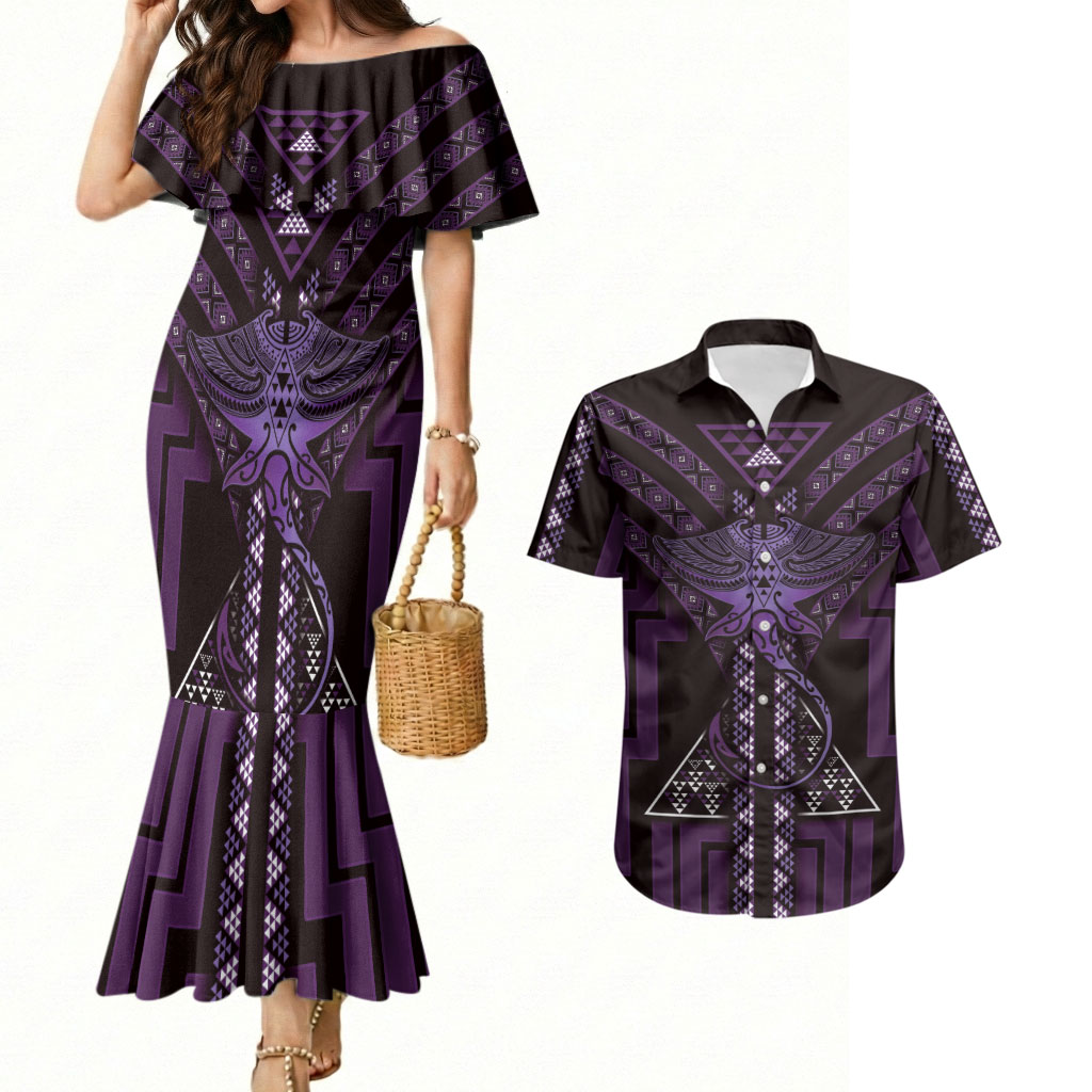 New Zealand Manta Ray Couples Matching Mermaid Dress and Hawaiian Shirt Maori Tukutuku Taniko Motifs Purple