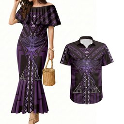 New Zealand Manta Ray Couples Matching Mermaid Dress and Hawaiian Shirt Maori Tukutuku Taniko Motifs Purple