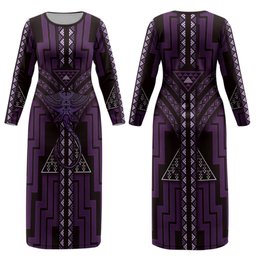 New Zealand Manta Ray Couples Matching Long Sleeve Bodycon Dress and Hawaiian Shirt Maori Tukutuku Taniko Motifs Purple