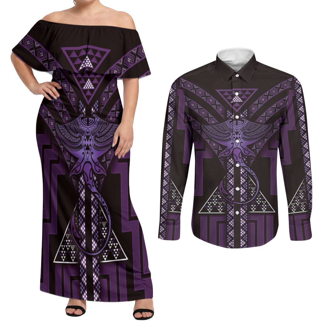New Zealand Manta Ray Couples Matching Off Shoulder Maxi Dress and Long Sleeve Button Shirt Maori Tukutuku Taniko Motifs Purple