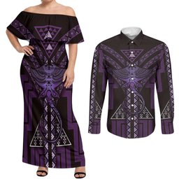 New Zealand Manta Ray Couples Matching Off Shoulder Maxi Dress and Long Sleeve Button Shirt Maori Tukutuku Taniko Motifs Purple