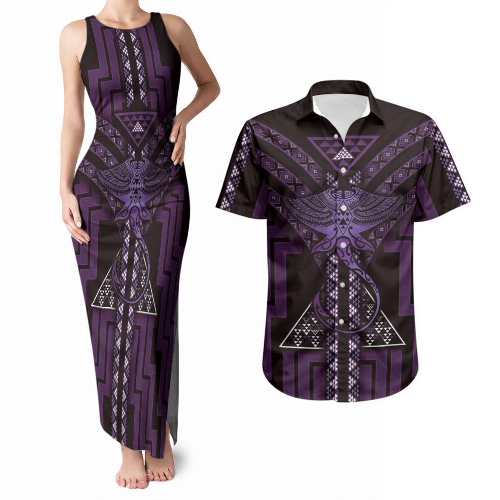 New Zealand Manta Ray Couples Matching Tank Maxi Dress and Hawaiian Shirt Maori Tukutuku Taniko Motifs Purple