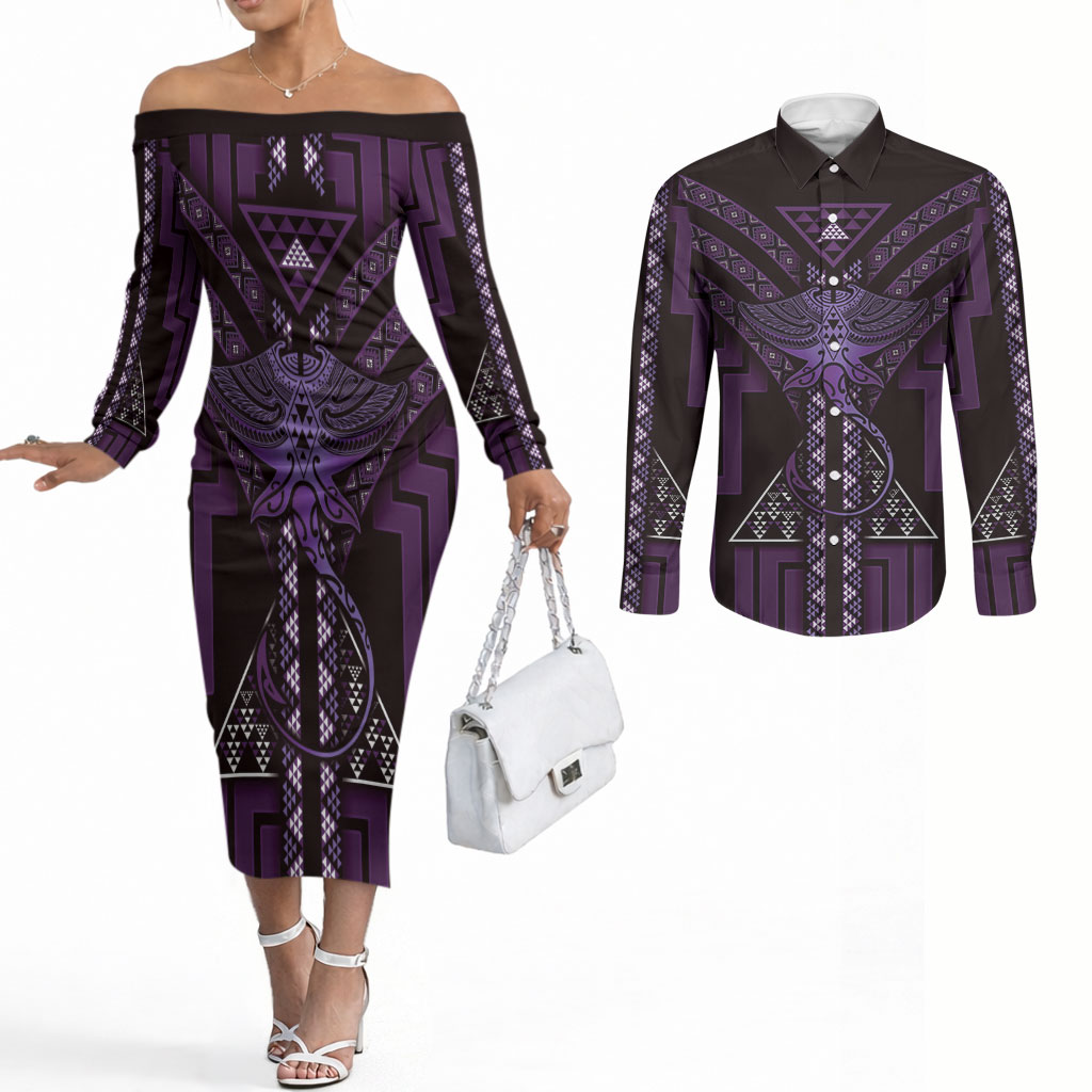New Zealand Manta Ray Couples Matching Off The Shoulder Long Sleeve Dress and Long Sleeve Button Shirt Maori Tukutuku Taniko Motifs Purple