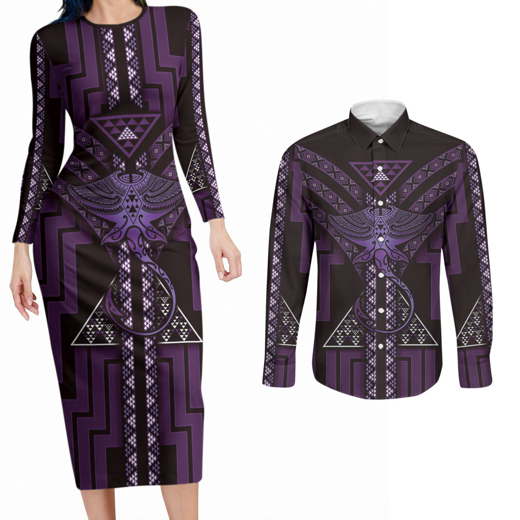 New Zealand Manta Ray Couples Matching Long Sleeve Bodycon Dress and Long Sleeve Button Shirt Maori Tukutuku Taniko Motifs Purple