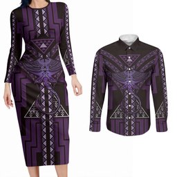 New Zealand Manta Ray Couples Matching Long Sleeve Bodycon Dress and Long Sleeve Button Shirt Maori Tukutuku Taniko Motifs Purple