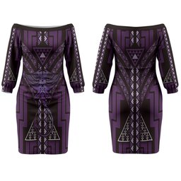 New Zealand Manta Ray Couples Matching Off The Shoulder Long Sleeve Dress and Long Sleeve Button Shirt Maori Tukutuku Taniko Motifs Purple