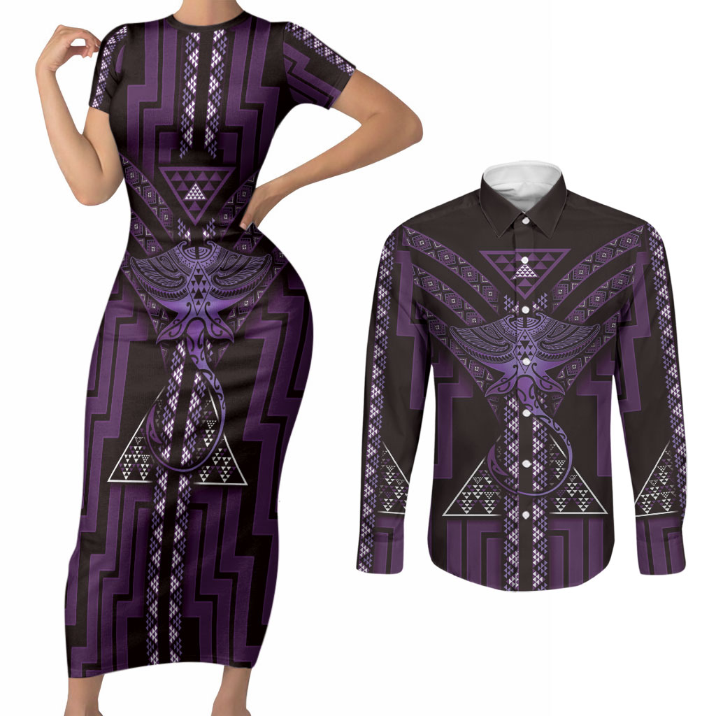 New Zealand Manta Ray Couples Matching Short Sleeve Bodycon Dress and Long Sleeve Button Shirt Maori Tukutuku Taniko Motifs Purple