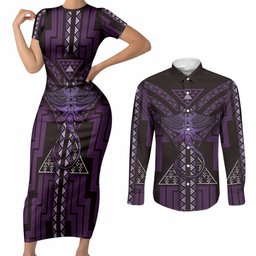 New Zealand Manta Ray Couples Matching Short Sleeve Bodycon Dress and Long Sleeve Button Shirt Maori Tukutuku Taniko Motifs Purple
