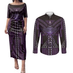 New Zealand Manta Ray Couples Matching Puletasi and Long Sleeve Button Shirt Maori Tukutuku Taniko Motifs Purple