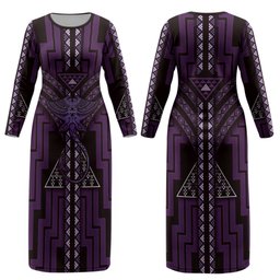 New Zealand Manta Ray Couples Matching Long Sleeve Bodycon Dress and Long Sleeve Button Shirt Maori Tukutuku Taniko Motifs Purple