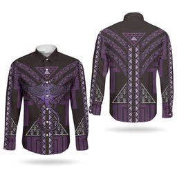 New Zealand Manta Ray Couples Matching Short Sleeve Bodycon Dress and Long Sleeve Button Shirt Maori Tukutuku Taniko Motifs Purple