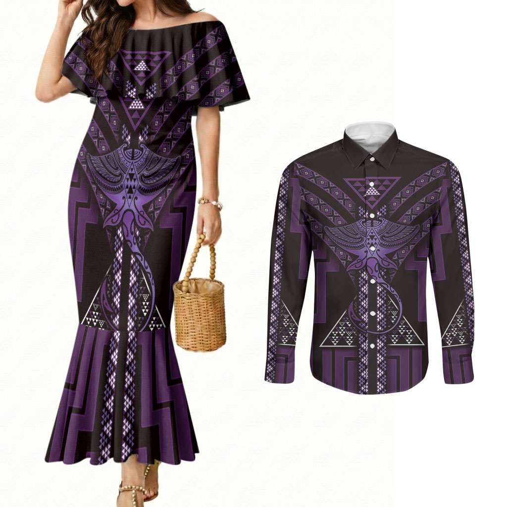 New Zealand Manta Ray Couples Matching Mermaid Dress and Long Sleeve Button Shirt Maori Tukutuku Taniko Motifs Purple